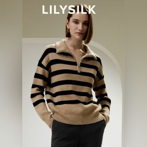 LilySilk Collared Quarter-Zip Wool Sweater Camel Tan with Black Stripes Medium
